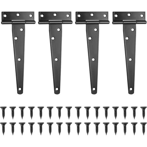 Lot de 4 Charnires en T, Noires Charnire Porte de Grange, Charnires de Portes, Charniere Plate Inox pour Portails, Abris de Jardin, Placard - 6 Pouces