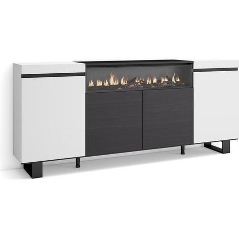 Skraut Home – Buffet salon et cuisine – Meuble de rangement 200x35x87cm – 4 portes – Cheminée électrique à LED – Design industriel noir et blanc (1/5)