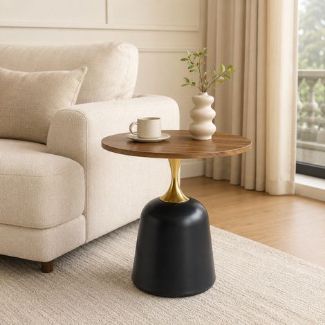 Table d’appoint rond 60 cm plateau aspect noyer piètement métallique, table basse style nordique multifonction pour salon chambre bureau (1/5)