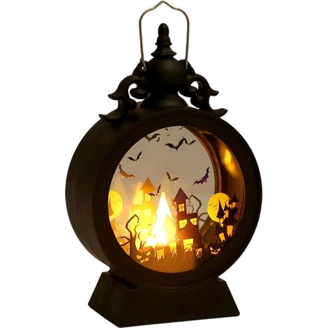 Lanterne noire LED d'Halloween 9,5 cm sur piles, motifs citrouille, sorcière et squelette, à suspendre (1/5)