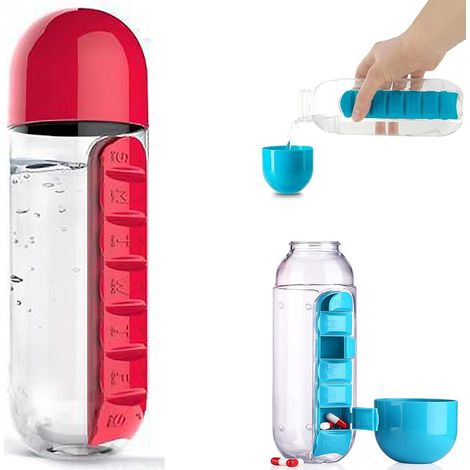 Borraccia 2 in 1 con colonna d'acqua integrata (7 giorni) – Borraccia da 600 ml con scomparto per medicinali – Ideale per lo sport e i viaggi (confezione da 2) (1/5)