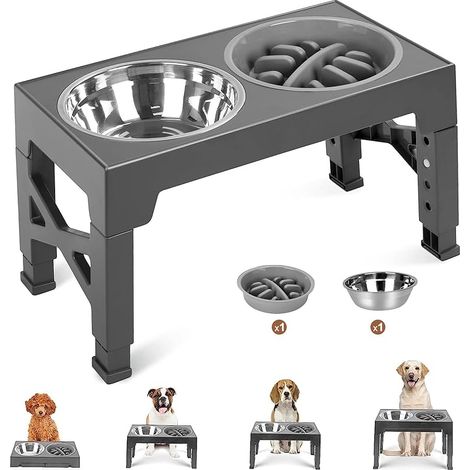 Gamelle surélevée pour Chien réglable en 4 hauteurs, 1 Bols en Acier Inoxydable + Distributeur Lent, Antidérapant Pliable, pour Petits, Moyens et Grands Chiens (1/5)