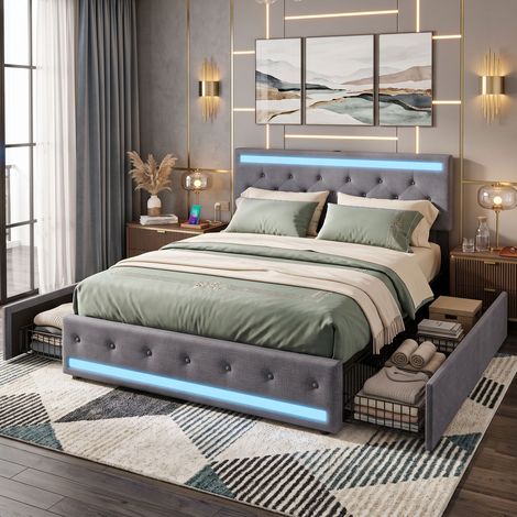 Creahappy Lit Capitonne 140x190 cm avec LED et 4 Tiroirs - Espace de Rangement - Tissu en Lin Style Moderne - Gris Fonce (1/5)