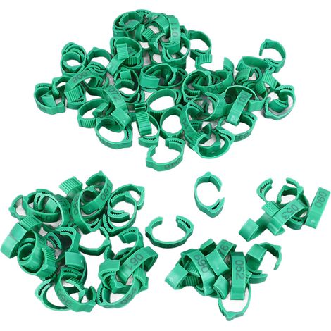 100 anneaux de cuisse de poulet à clipser, en plastique robuste et coloré, numérotés, pour volailles (canards, oies, coqs de combat). 100 anneaux verts avec numéros. (1/5)