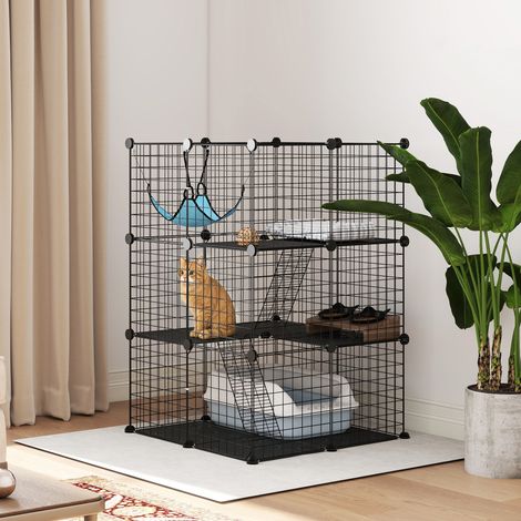 Anpassbares 3-stöckiges Katzenkäfig-Gehege, 105 cm, Schwarz