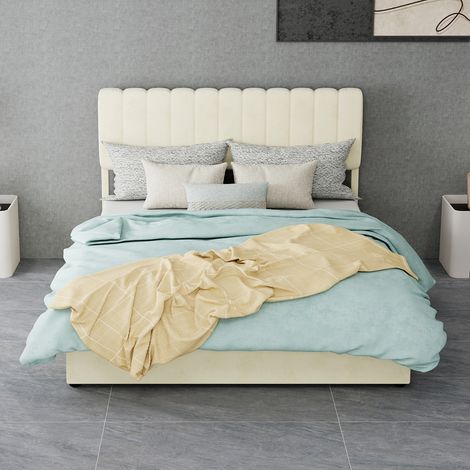 Lit moderne rembourré beige 140x200 cm, sommier coffre haut à vérin, tête de lit douce et confortable, meuble de chambre polyvalent, sans matelas.