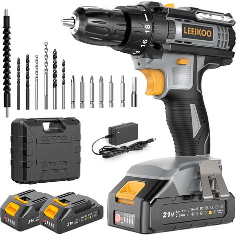 Perceuse Visseuse Sans Fil, Visseuse Devisseuse Sans Fil 21V, Perceuse 42Nm avec 2 Batteries 2.0Ah, 18+1 Réglages de Couple, LED, 2 Vitesses, 14 Accessoires pour Projet de Bricolage, Gris (1/5)