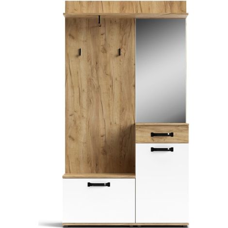 Mueble recibidor de 104 cm con zapatero y espejo en roble y blanco - Mosso (1/4)