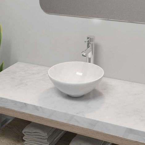 Vasque à poser Lavabo à poser pour salle de bain - avec mitigeur Céramique Rond Blanc BV707736 - BonneVie (1/5)