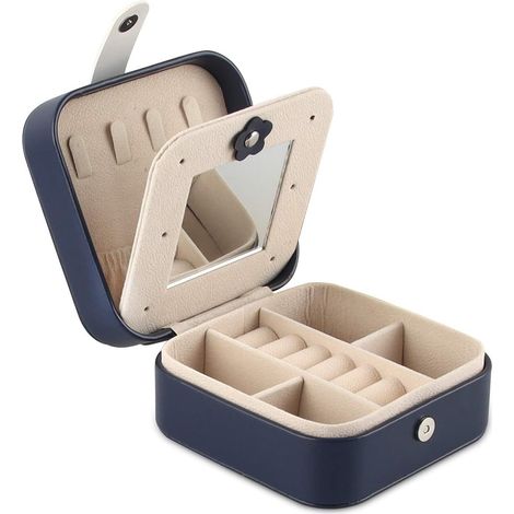 Bote à Bijoux, Bote à Bijoux Portable avec Miroir, Rangement Bijoux De Voyage Organisateur De Bijoux Filles Petit Jewelry Stockage Cas Pour Bagues, D'oreilles, Colliers, Bracelets (Navy blue) (1/4)