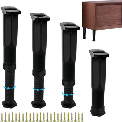Set mit 4 verstellbaren Möbelfüßen (15-28 cm), schwarz, mit Befestigungsmaterial, universell einsetzbar für Schreibtische, Küchen, Schränke, Sofas und Tische.