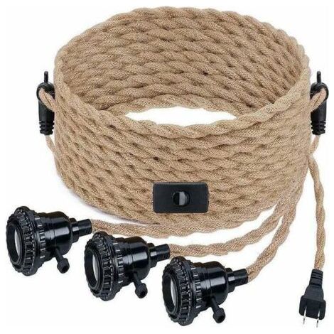 Suspension Luminaire avec Interrupteur et Prise Industrielle Vintage Lustre 3 Lumières E27 Suspension DIY Corde de Chanvre Accessoires de Luminaires Retro Style pour Salon Café Restaur