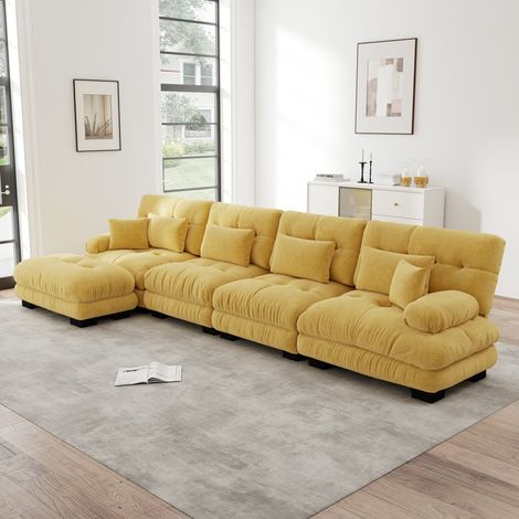 Divano angolare modulare, set di divani a L per soggiorno, comodi divani a nuvola a 4 posti con pouf mobile, combinazione fai-da-te, giallo
