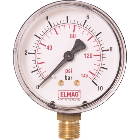 ELMAG Druckmanometer 0-10 bar, Ø 63 mm, Ø 1/4 Außengewinde unten (1/2)