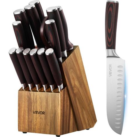 Set 15 Pièces Couteaux de Cuisine avec Bloc et Fusil Découpe Précise Lame Acier Inox 7CR17MOV Manche Bois Pakka (1/5)