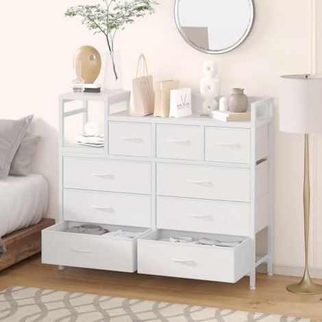 Grand capacité, station de charge intégrée Commode d'entrée 9 tiroirs – Rangement moderne, pieds réglables, idéale chambre/appartement/enfant – Finition cuir élégante – Couleur : cuir clair (1/5)