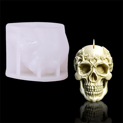 Moule à bougie en silicone 3D en forme de tête de mort - En résine époxy - Pour Halloween - Pour béton, plâtre, bougies à couler (03) (1/5)