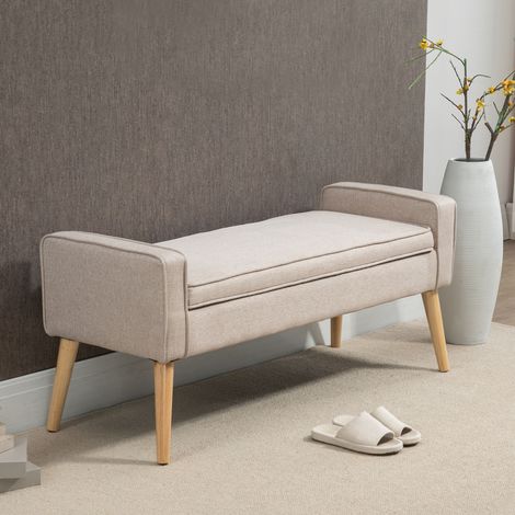 HOMCOM Baúl de Almacenaje Tapizado en Lino con Tapa Abatible y Patas de Madera para Dormitorio Salón 20x45x54 cm Beige (1/5)