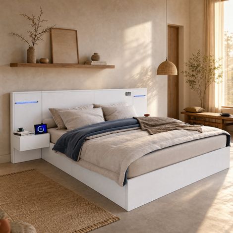 Cama doble 160x200 cm, con altavoces Bluetooth, reloj electrónico, luces de color, 2 mesitas, MDF blanco (1/5)