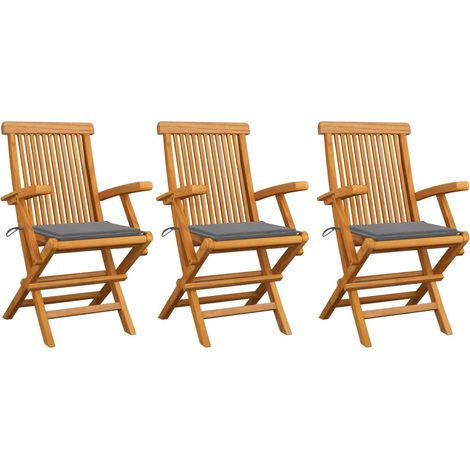 Lot de 3 Chaises/Fauteuils de jardin avec coussins gris Bois de teck massif -TF63727 (1/5)