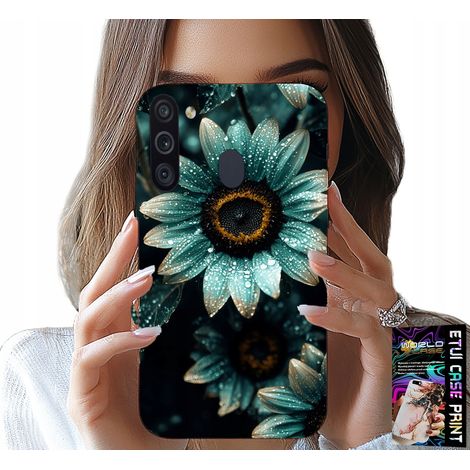 Étui pour Samsung Galaxy A21 - Fleur de gerbera bleue + Feuille métallisée (1/5)