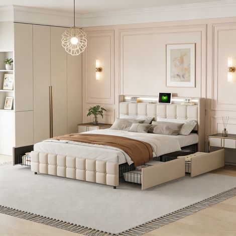 Polsterbett, 140 x 200 cm, USB-Ladefunktion, LED-Kopfteil, 4 Schubladen, Doppelbett, Matratze nicht enthalten, beige