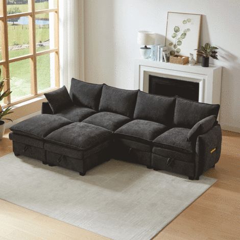 Canapé en forme de U avec espace de rangement, ensemble modulaire composé de quatre éléments d'assise et de deux poufs canapé moderne accompagné de coussins et de traversins, revêtement en chenille, (1/4)
