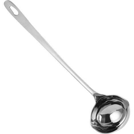 Louche à soupe en acier inoxydable à long manche et bec verseur, adaptée aux soupes et aux sauces.