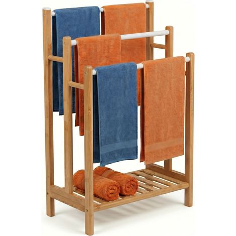 Relaxdays Handtuchhalter, mit 3 Stangen & Ablage, HBT: 86x46x24 cm, für Hand- & Badetücher, Bambus & Metall, natur/weiß
