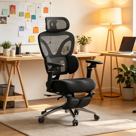 Premium Chefsessel Netz Bürostuhl 3D-Kopfstütze 3D-Lendenstütze Fußstütze bis 150 kg Schwarz (1/5)