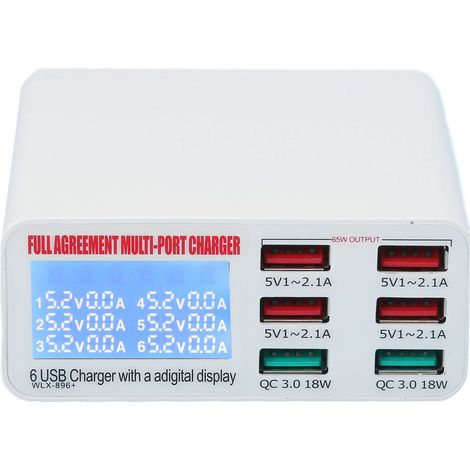 Chargeur mural multiple USB QC3.0 à 6 ports, adaptateur secteur USB à charge rapide avec affichage LED et prise 100-240 V.