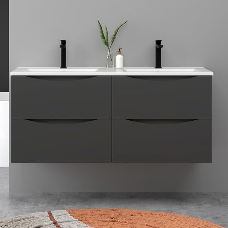 Meuble de salle de bain suspendu 120cm avec double vasque + 4 tiroirs, Anthracite