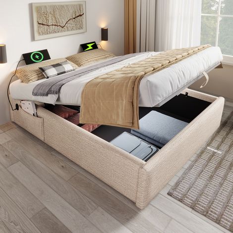 Cama con almacenamiento de 160x200 cm en lino beige y natural con puerto USB/Tipo-C, almacenamiento integrado y soporte de superficie completa.