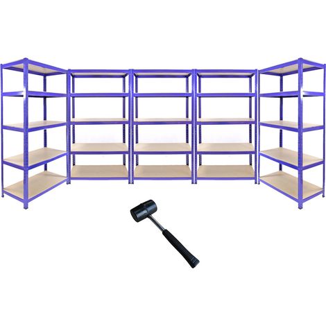 5 Estanterías Azules Metalicas T-Rax Sin Tornillos 90x45x180cm con 5 Estantes Almacenamiento Almacenaje Herramientas Taller Garaje Industrial Capacidad Peso 280kg por Estante con Mazo de Goma GRATIS