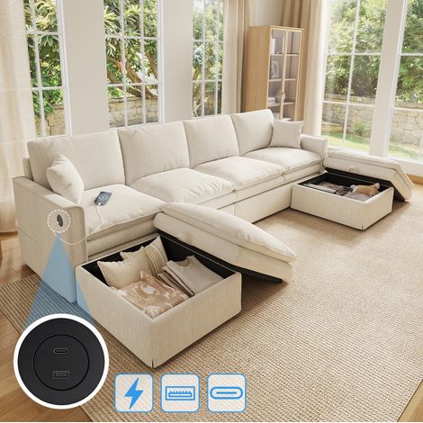 Sofá esquinero modular 277x135x80 cm algodón-lino beige con almacenaje – MEUBLIV (1/5)