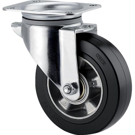 Roulette pivotante 3470 IEP, chape acier zingué embouti, roue aluminium à bandage caoutchouc élastique D 125mm - Tente