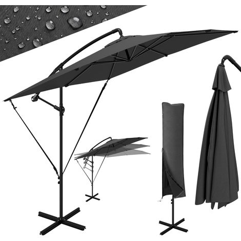 Parasol déporté réglable avec base en croix et manivelle, en acier et polyester, 247 x 247 x 256 cm, gris foncé (1/5)
