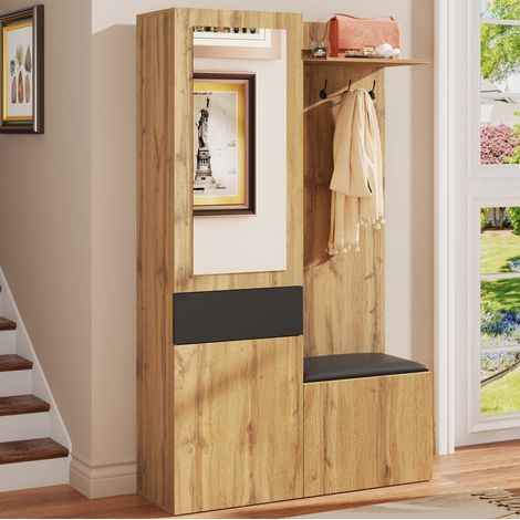 FLORAGRACE Vestiaire d’entrée avec miroir, 5 crochets, meuble à chaussures, banc d’appoint et rangements supérieurs, MDF noir et aspect bois, 98,5 x 38 x 191 cm (1/5)