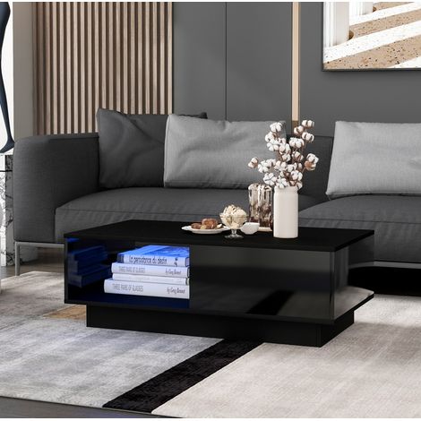 Tavolino da salotto in legno ingegnerizzato nero lucido 95 x 55 cm con LED e 2 cassetti (1/5)
