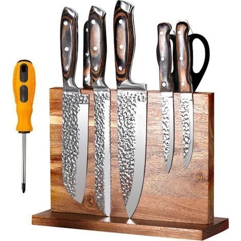 Porte Couteaux Aimanté, Porte Couteaux Cuisine, Bloc Couteaux Magnétique Bois d'Acacia, Aimanté Double Face Porte, Range Couteau de Cuisine avec Aimant Puissant, Antidérapant et Encombrant (1/5)