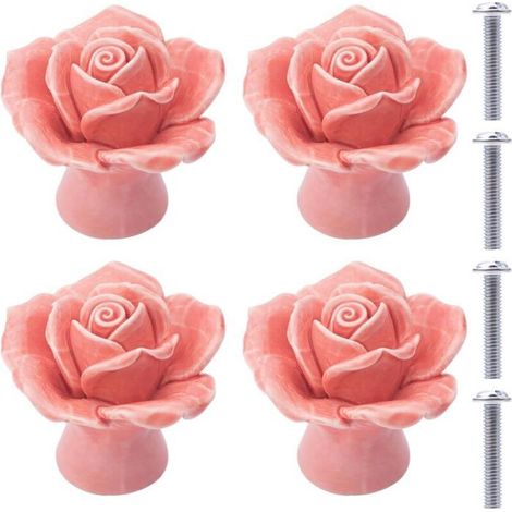 Boutons de tiroir en céramique rose - Lot de 4 - Motifs floraux (1/4)