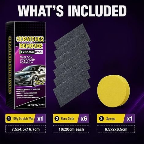 Efface Rayure Voiture, Anti Rayure Chiffons Nano et Éponge, Polish Voiture Rayure, Crème Réparation Carrosserie pour Micro-Rayures et Vernis, Kit Polissage Auto (1/4)