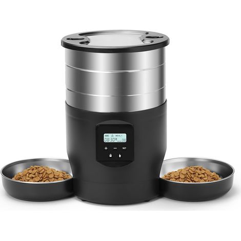 Distributeur Automatique Nourriture Chat - 2 Bolss Acier Inoxydable - Minuterie Programmable 4 Repas/Jour - Capacité 5 L - Alimentation Double (Piles/USB) - Pour Chats et Chiens