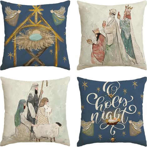 Fundas de cojín decorativas navideñas, Noche Santa con estampado de copos de nieve y Jesús, 45 x 45 cm, para sofá o sillón (juego de 4). (1/5)