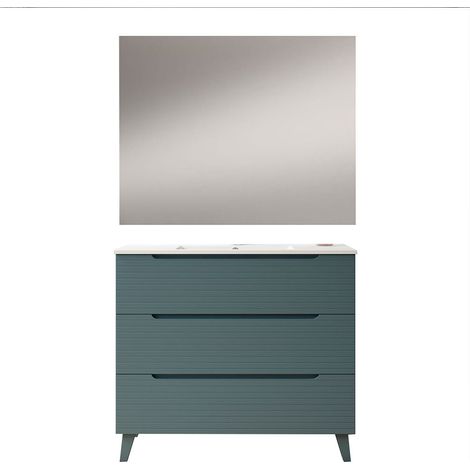 Kibath Mueble de baño con Lavabo, Espejo y Aplique LED BOREAL 80x45 cm acabado AZUL OCEANO mate 3 cajones con patas (1/5)