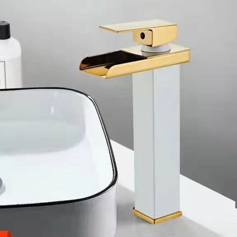 TAISHENGDA Weißgoldene Wasserfall-Waschtischarmatur mit breitem Auslauf und 60 cm langem Zulaufschlauch, europäischer Stil, Warm- und Kaltwasseranschluss für Waschbecken/Spülbecken (1/5)