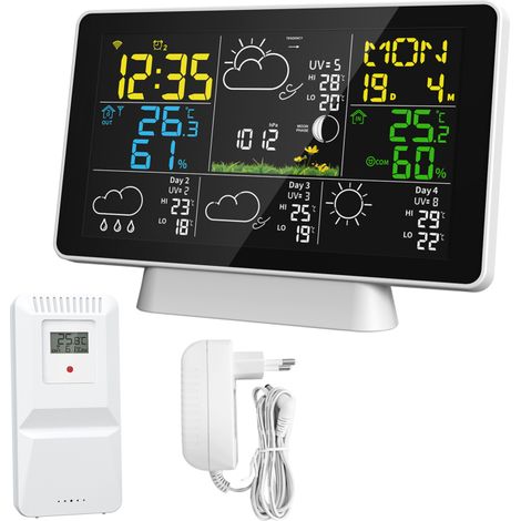 Station météo intelligente WiFi avec écran couleur, thermomètre, hygromètre, horloge, prévisions météo sur quatre jours, affichage des phases de la lune, de la pression atmosphérique et des pics de te (1/4)