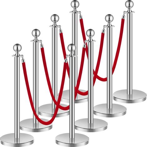 Poteau de guidage, 8 pcs, barrière de balisage pour contrôle de foules, avec base creuse, 4 cordes velours rouge et poteaux argentés en acier inox, pour file d'attente en public, hôtel, fête (1/5)