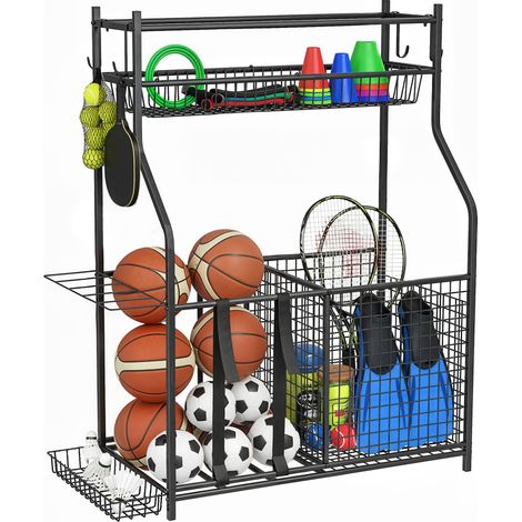 Rangement d'équipements de sport - SPORTNOW - avec paniers, crochets amovibles, sangles élastiques - 92 x 42 x 109 cm - noir