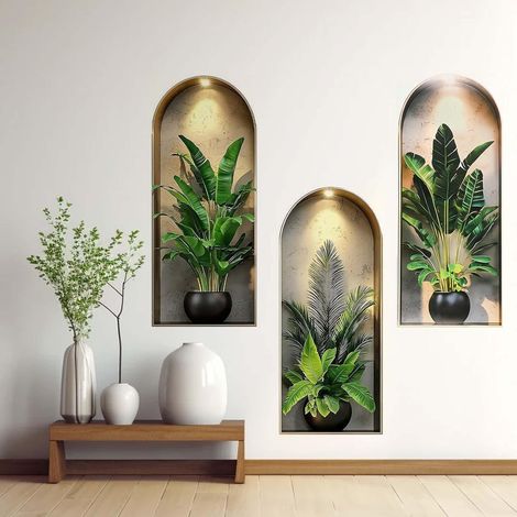 3D Autocollant Mural Plantes 3 Pièces Vigne Vierge Tropicale Feuilles Monstera Pot Fleurs Autoadhésif 25x60cm Moderne Vinyle Tableau Murale Pour Salon Chambre Cuisine Bureau Canapé (1/5)